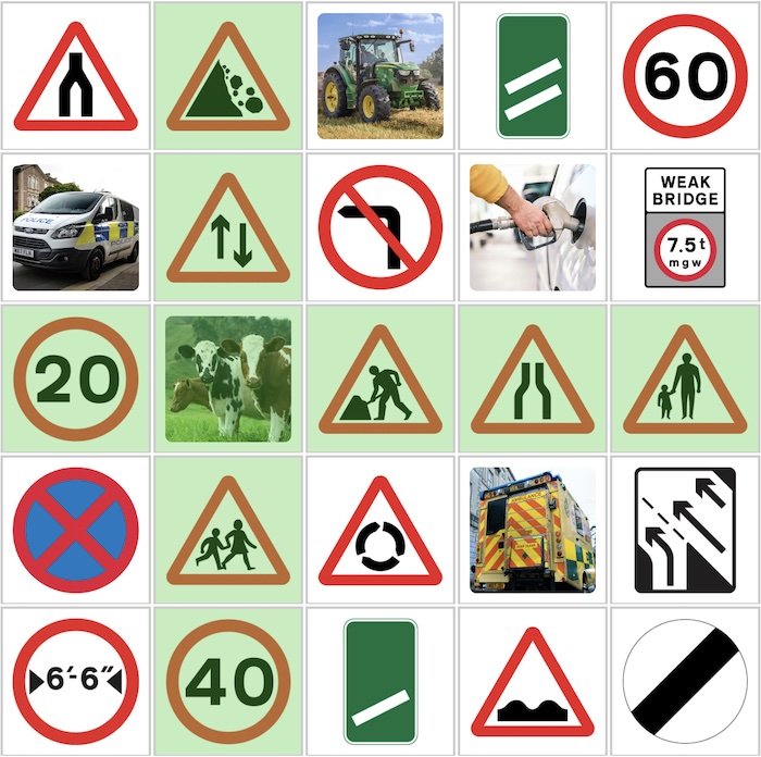 Grid of icons on a car bingo card